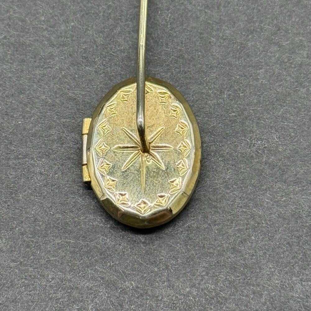 Vintage Gold Tone Oval Locket Stick Pin Etched Starburst Celestial Lapel Hat Pin - Picture 4 of 8